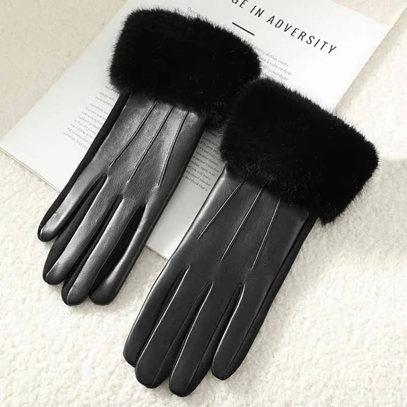 Gants femme cuir PU noir, large manchette