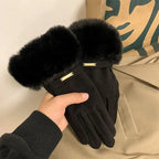 Gant femme noir en peluche, revers fausse fourrure