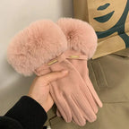 Gant femme rose en peluche, revers fausse fourrure