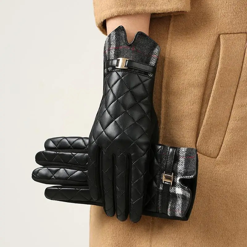 Gant femme noir en cuir PU matelassé, revers tartan