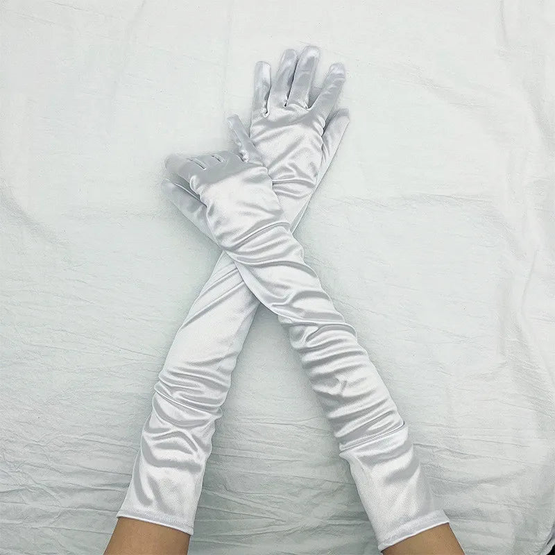 Gant long femme en satin blanc, 55 cm, posé à plat