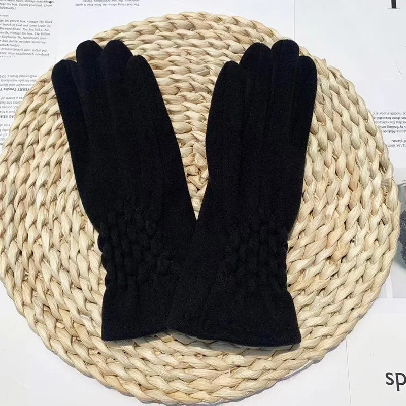 Gant femme noir en polaire, empiècement tressé