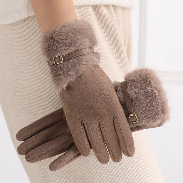 Gant femme taupe doublé polaire, revers peluche