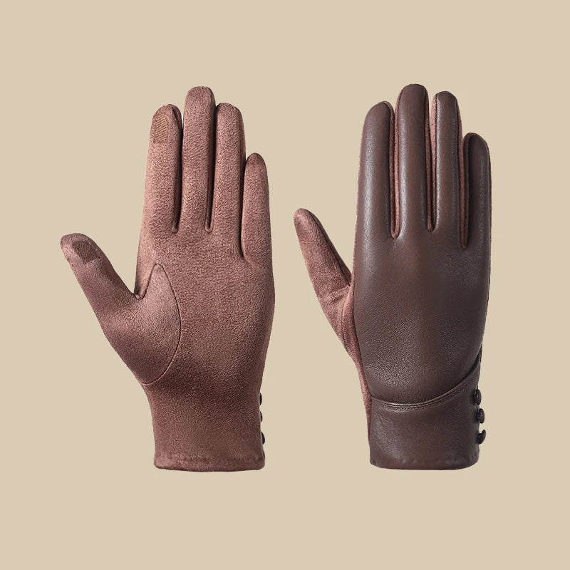 Gant femme brun, design à trois boutons