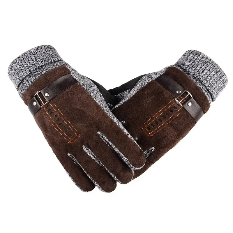 Paire de gants homme en daim marron, revers tricoté gris et patte à boucle