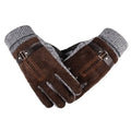 Paire de gants homme en daim marron, revers tricoté gris et patte à boucle