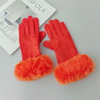 Gants femme suédine, coloris orange, bordure fourrure