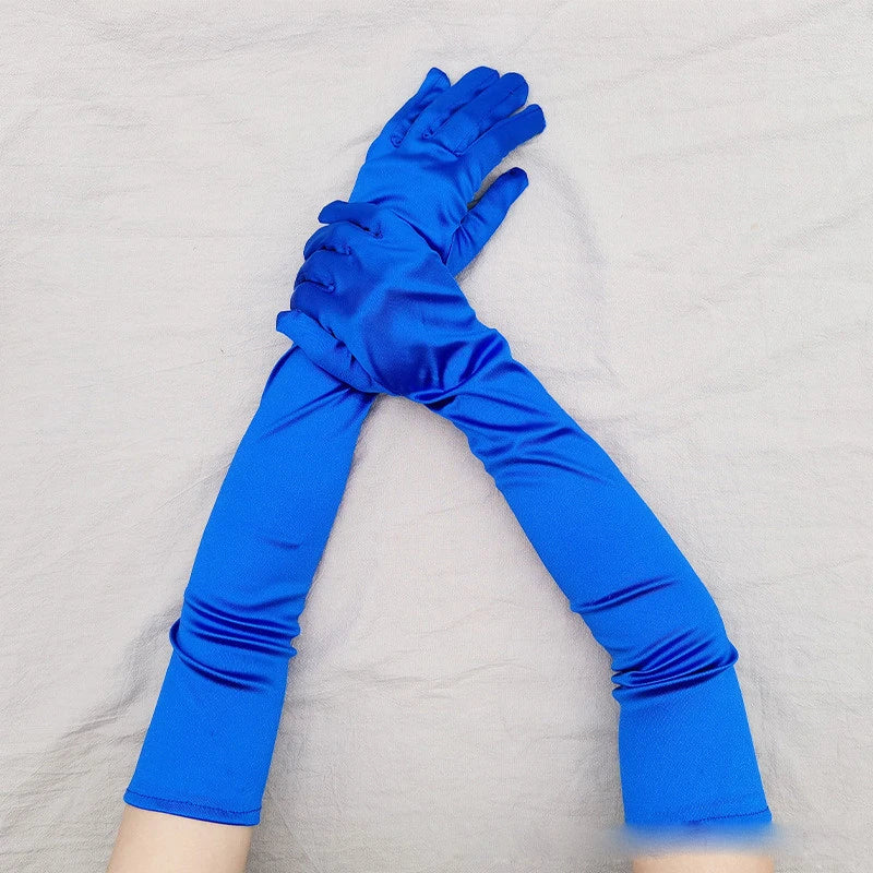 Gant long femme en satin bleu roi, 55 cm, posé à plat