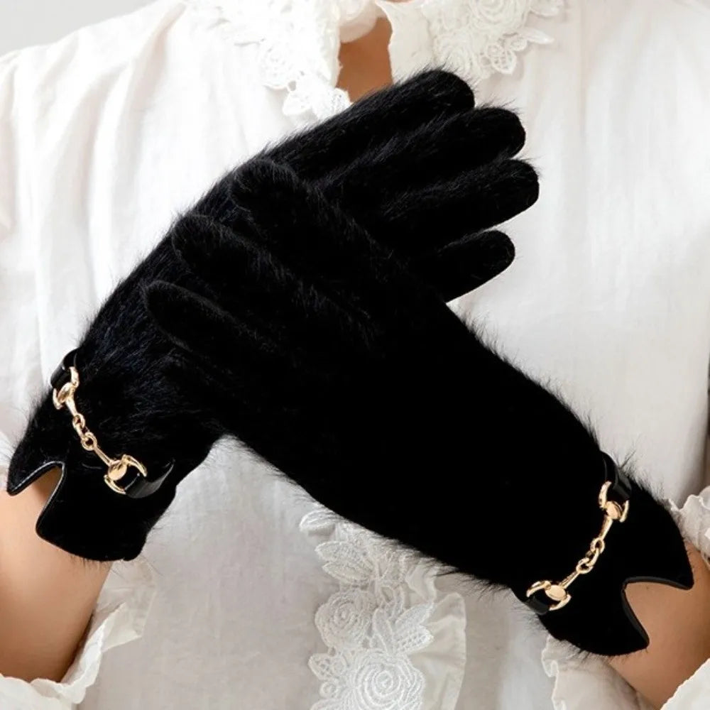 Gant femme noir en fourrure véritable, boucle dorée