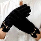 Gant femme noir en fourrure véritable, boucle dorée