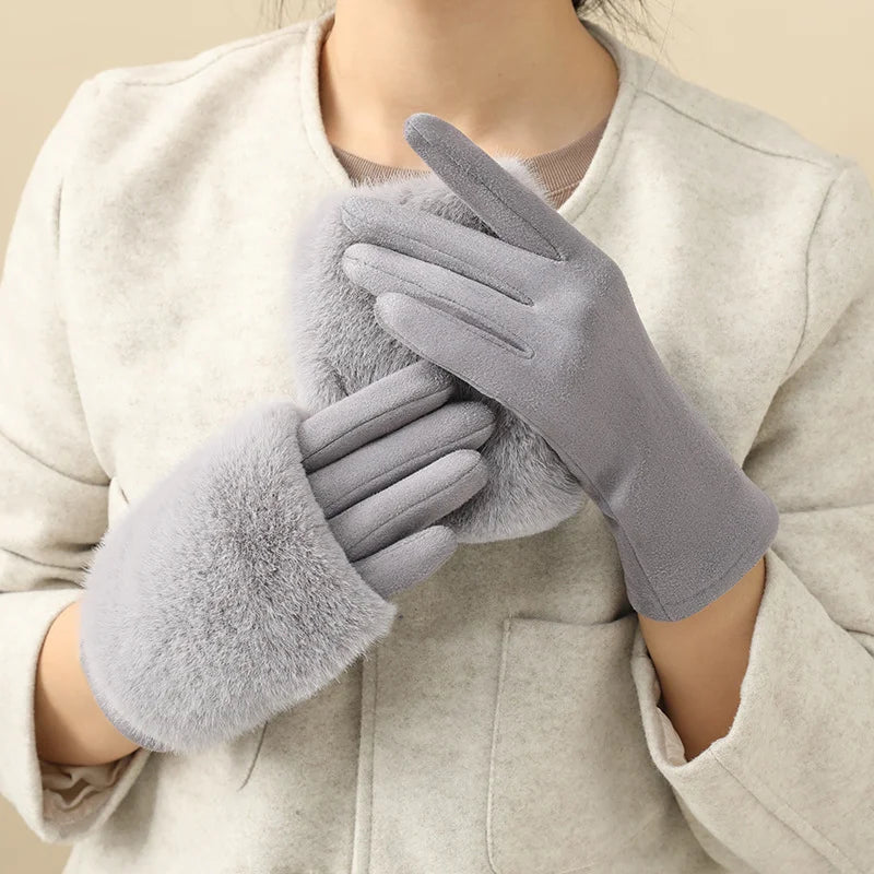 Gant femme gris en suédine, revers fausse fourrure