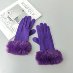 Gants femme suédine, coloris violet, bordure fourrure