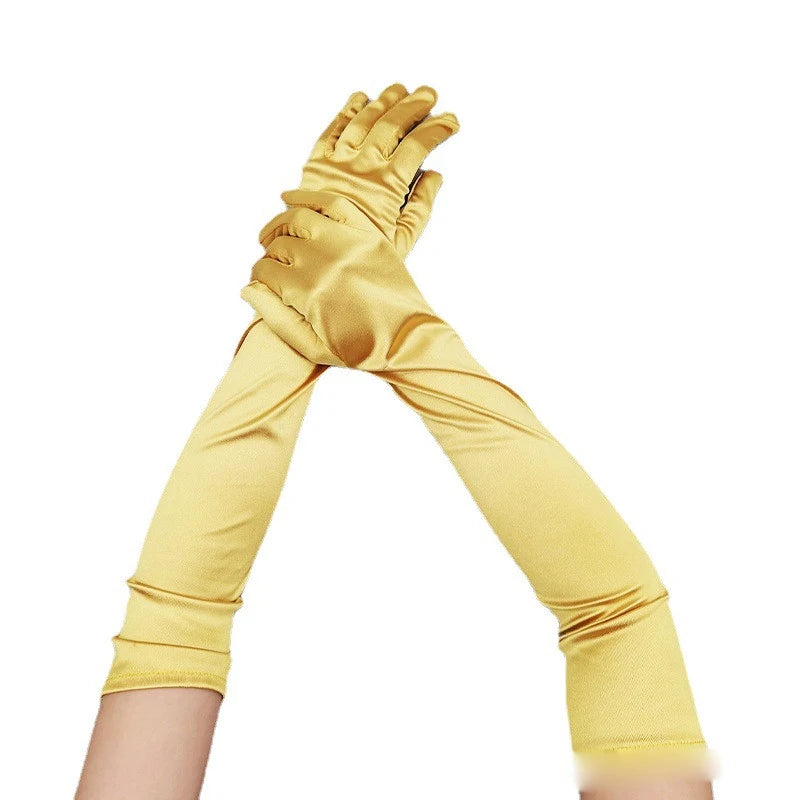 Gants longs femme en satin or, 55 cm, paire posée à plat