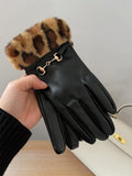 Gant femme cuir PU, revers léopard écru