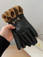 Gant femme cuir PU, revers léopard écru