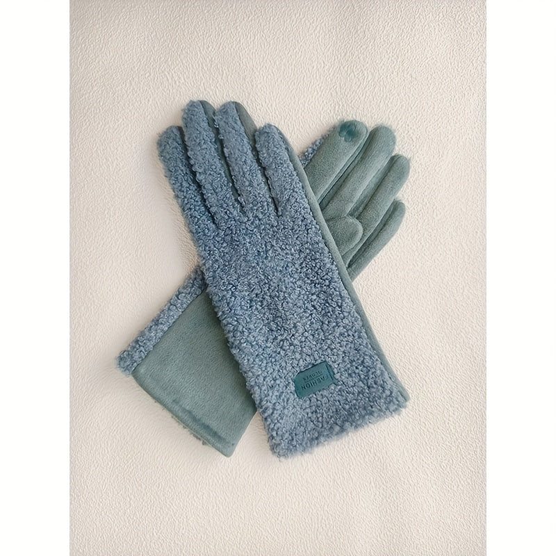 Paire de gants fourrure femme effet teddy bleus, paume vert d'eau