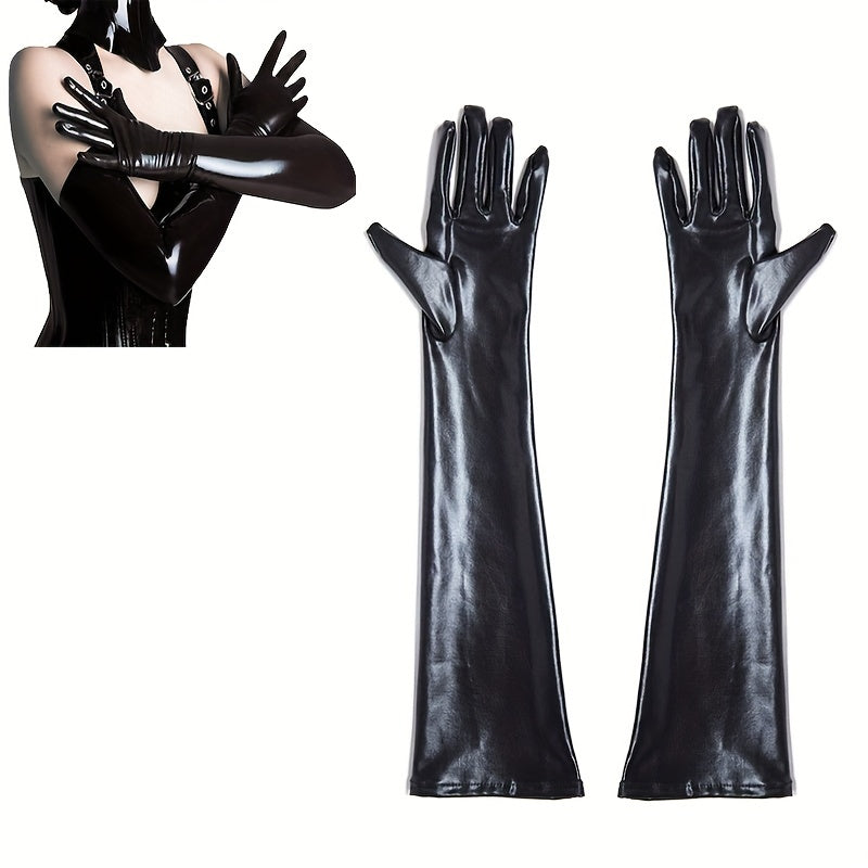 Gants longs femme vernis noir, gros plan sur la texture