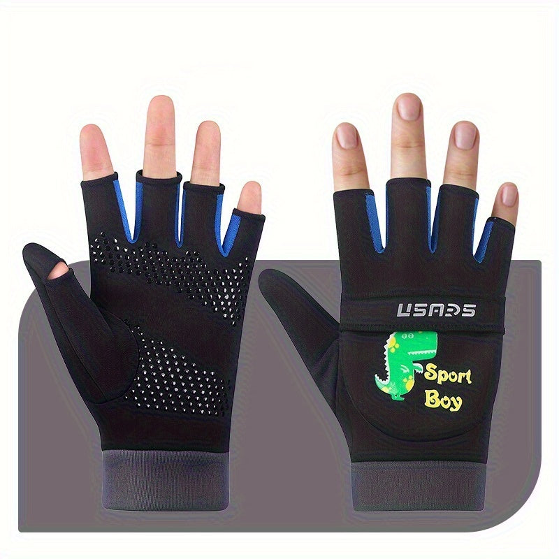 Gants enfant noir, motif dinosaure à rabat réfléchissant