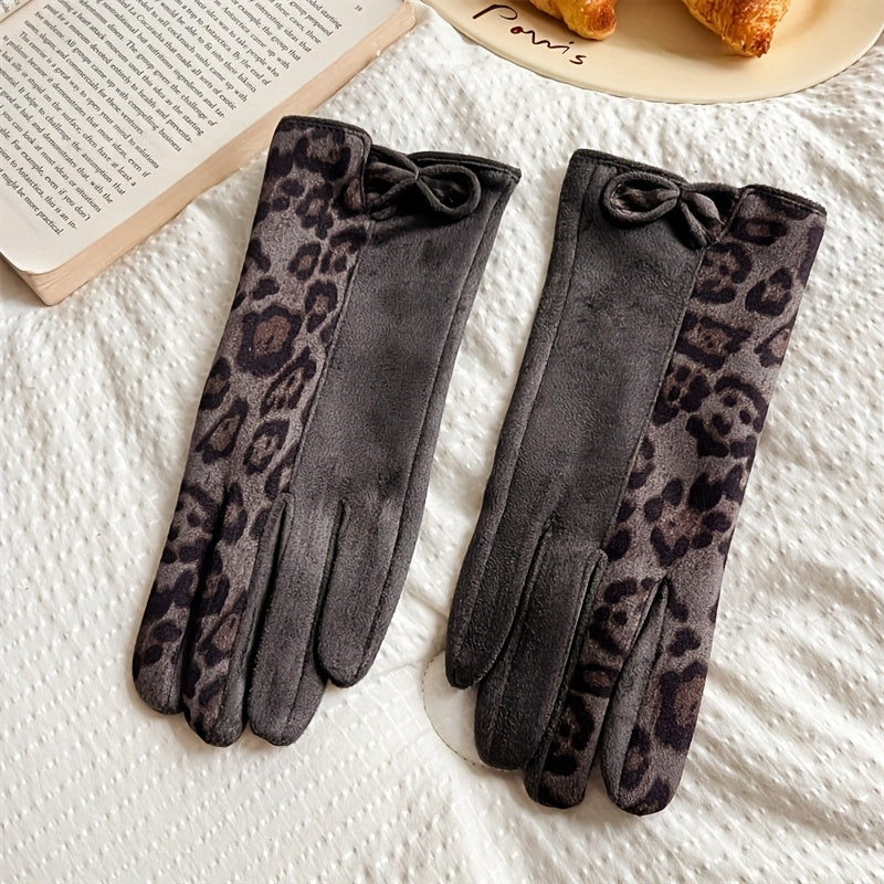 Gants femme gris foncé, imprimé léopard et nœud au poignet