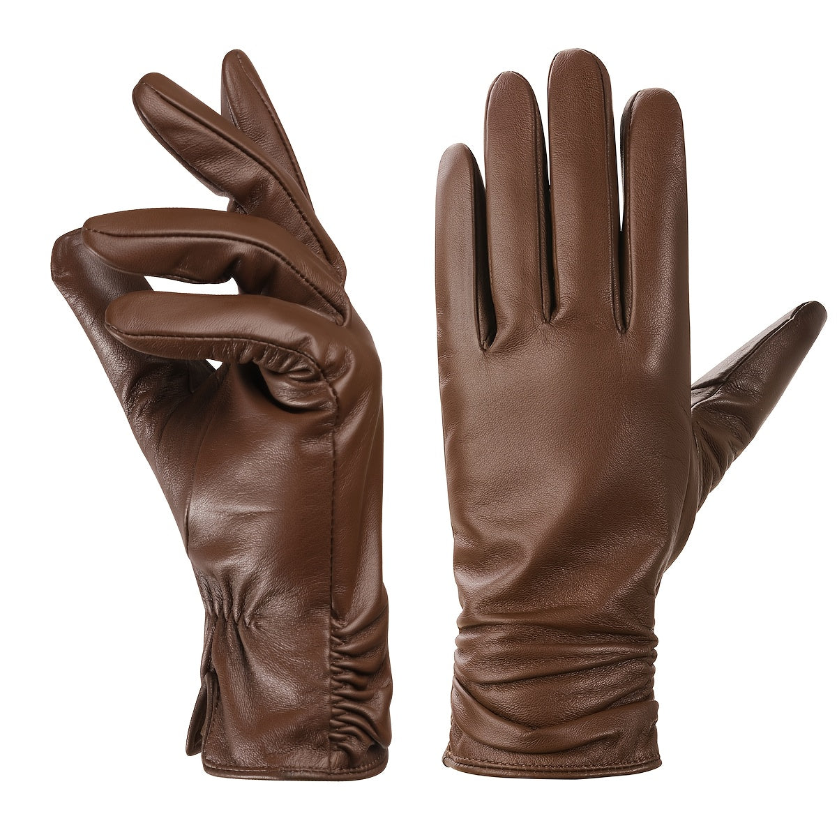 Gants cuir femme, coloris brun, poignet froncé