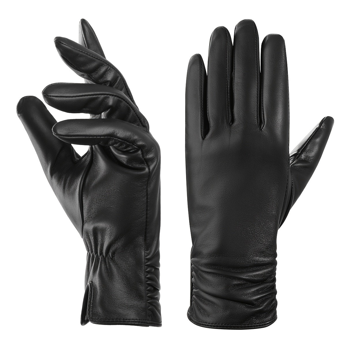 Gants cuir femme, coloris noir, poignet froncé