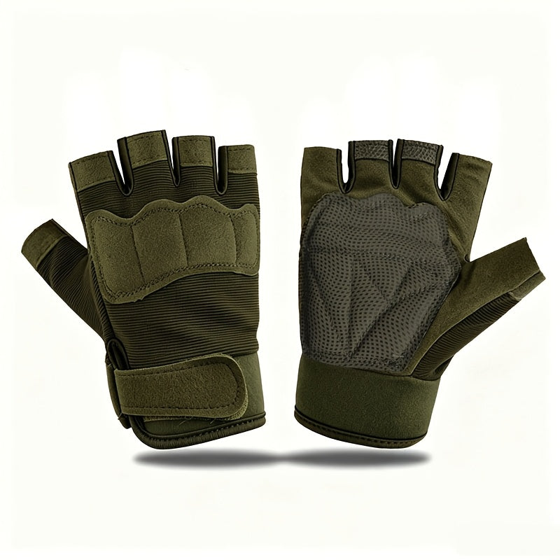 Gants enfant demi-doigts coloris vert kaki, renfort sur le dessus
