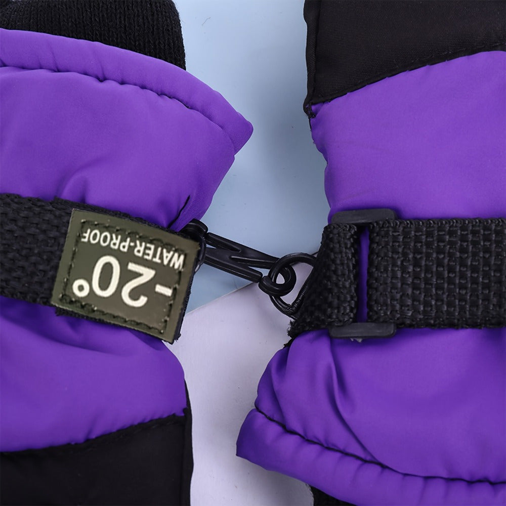 Gants de ski enfant violet, détail du mousqueton et de la sangle