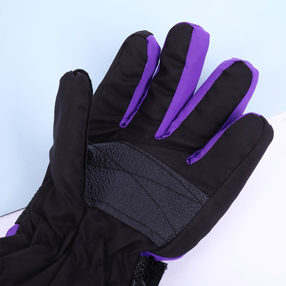 Gants de ski enfant violet, vue de la paire avec mousqueton