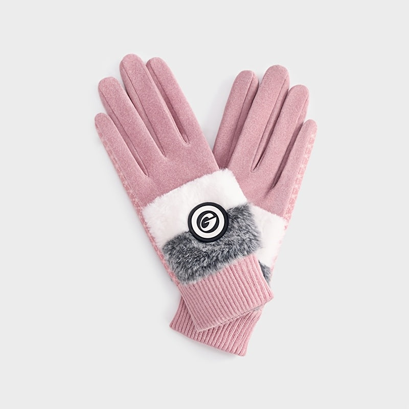 Gants de golf roses, bordure en fausse fourrure, bouton décoratif au poignet
