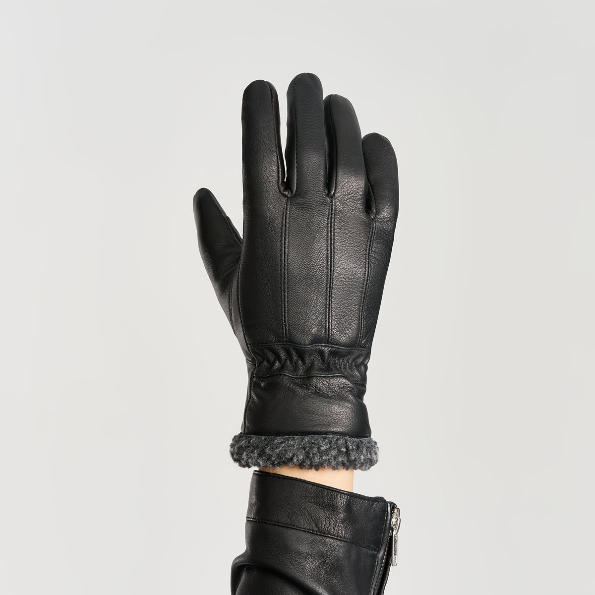 Gant homme noir en cuir de mouton, revers tricoté