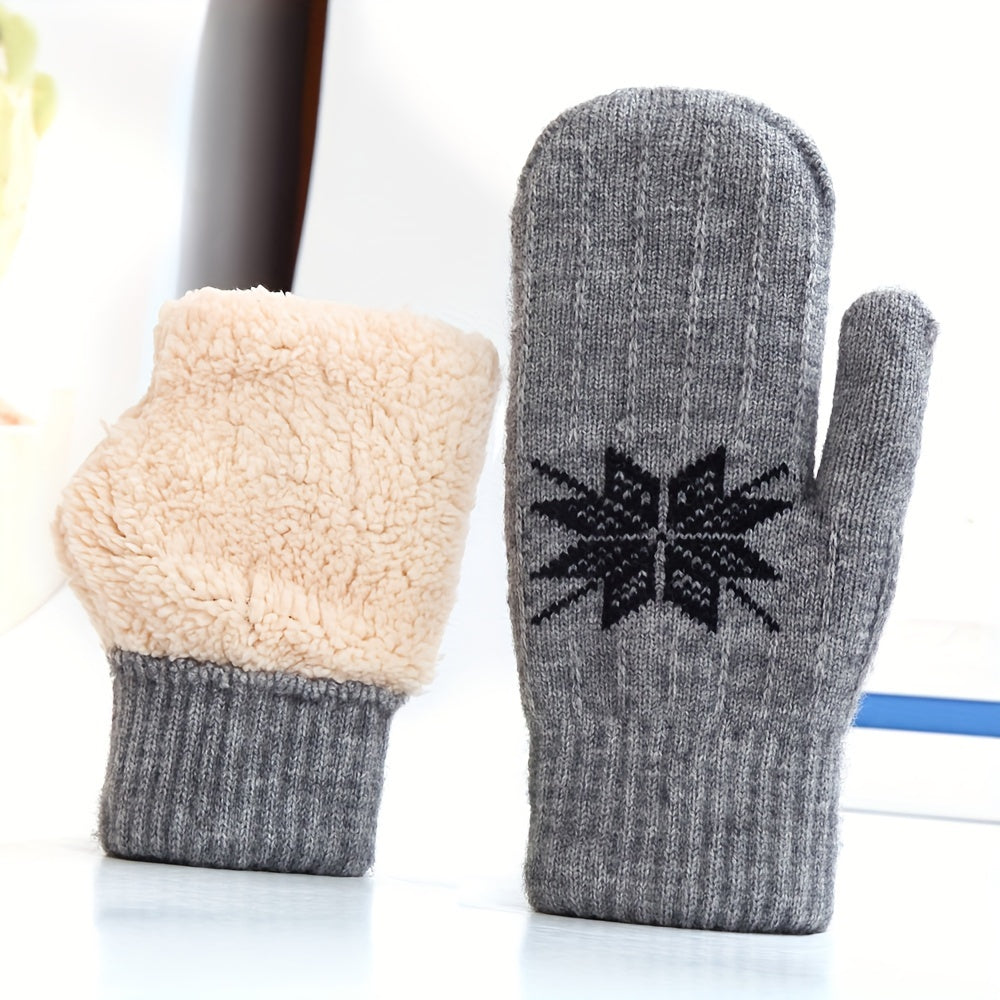 Moufle femme gris en polaire, motif fleur octogonale