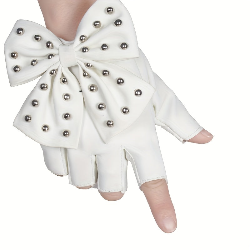 Mitaine femme similicuir blanc, nœud clouté