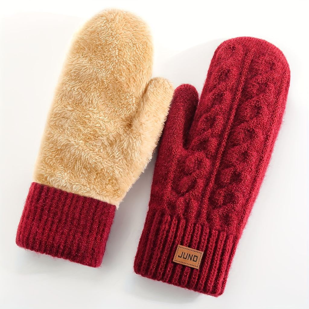 Gants moufle femme rouge, tricot torsadé épais
