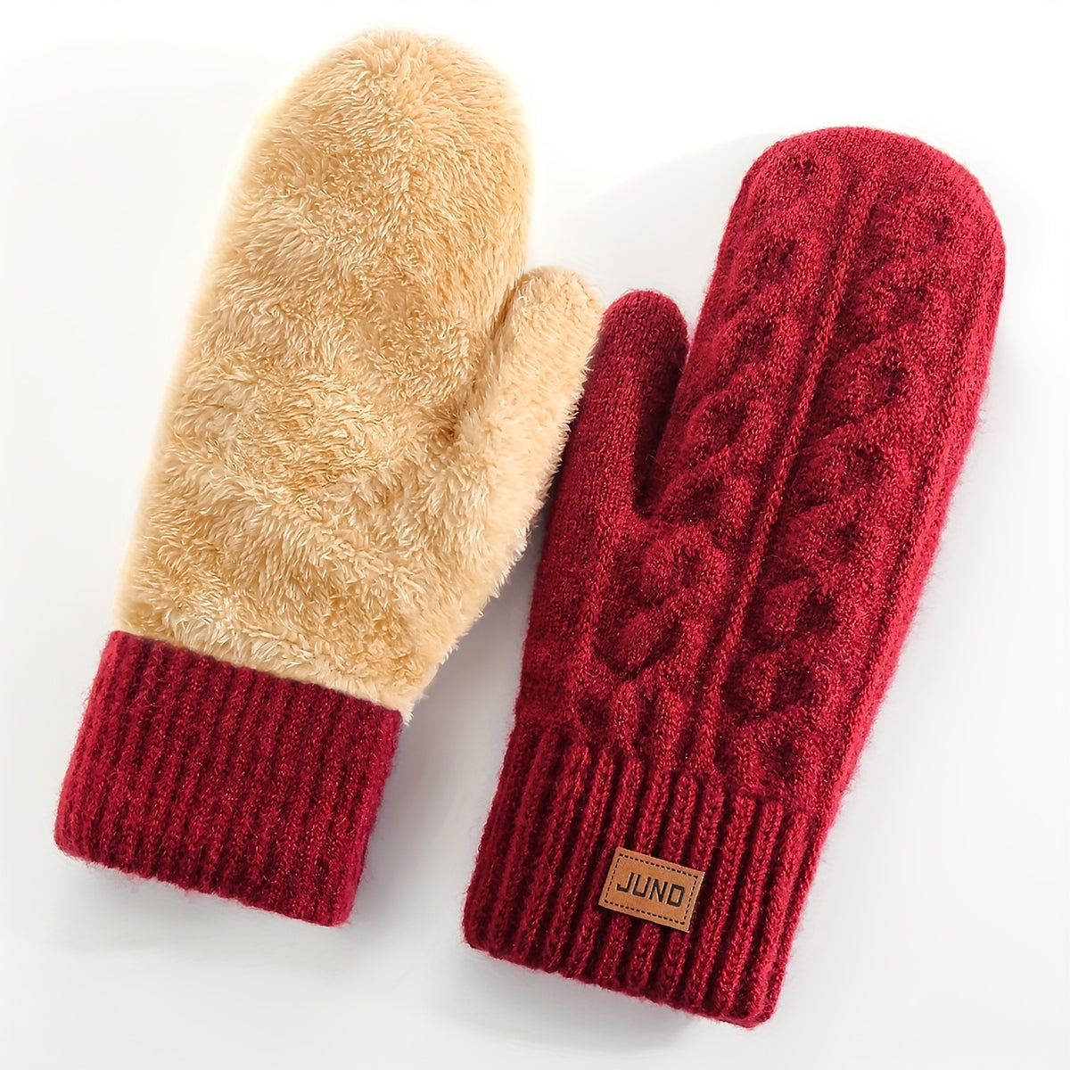 Gants moufle femme rouge, tricot torsadé épais