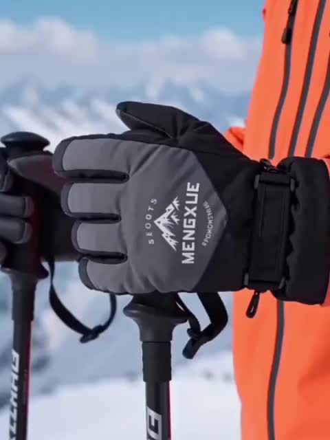 Gant de ski gris et noir, porté avec des bâtons de ski