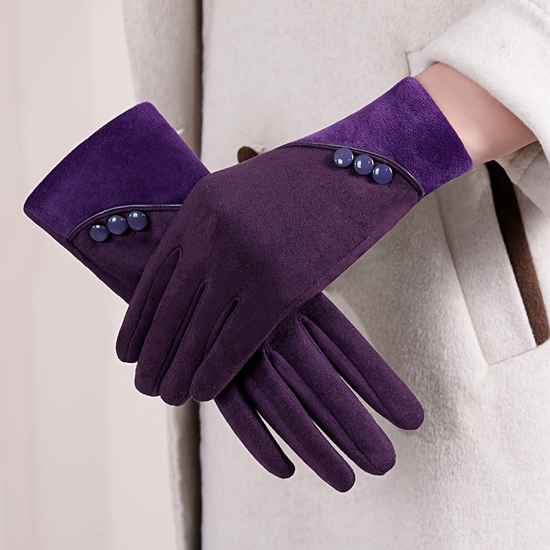 Gants femme violets en suédine, poignet velours et trois boutons
