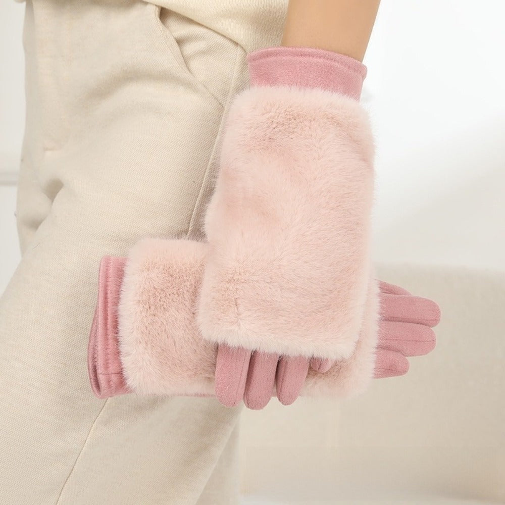 Gants femme rose, large revers en fausse fourrure