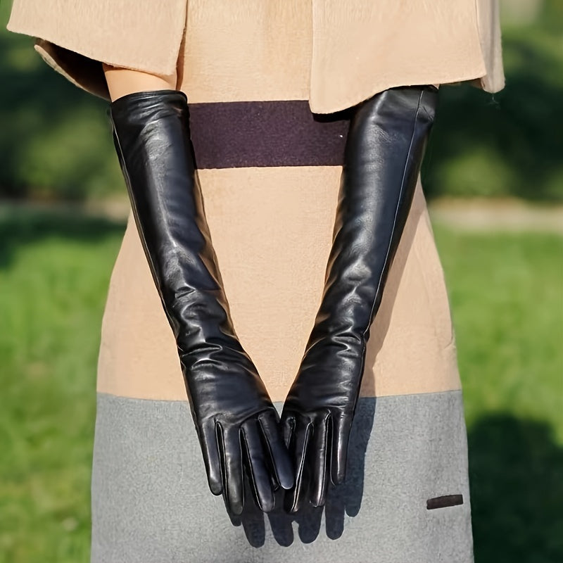 Gants similicuir femme longs, portés, coloris noir