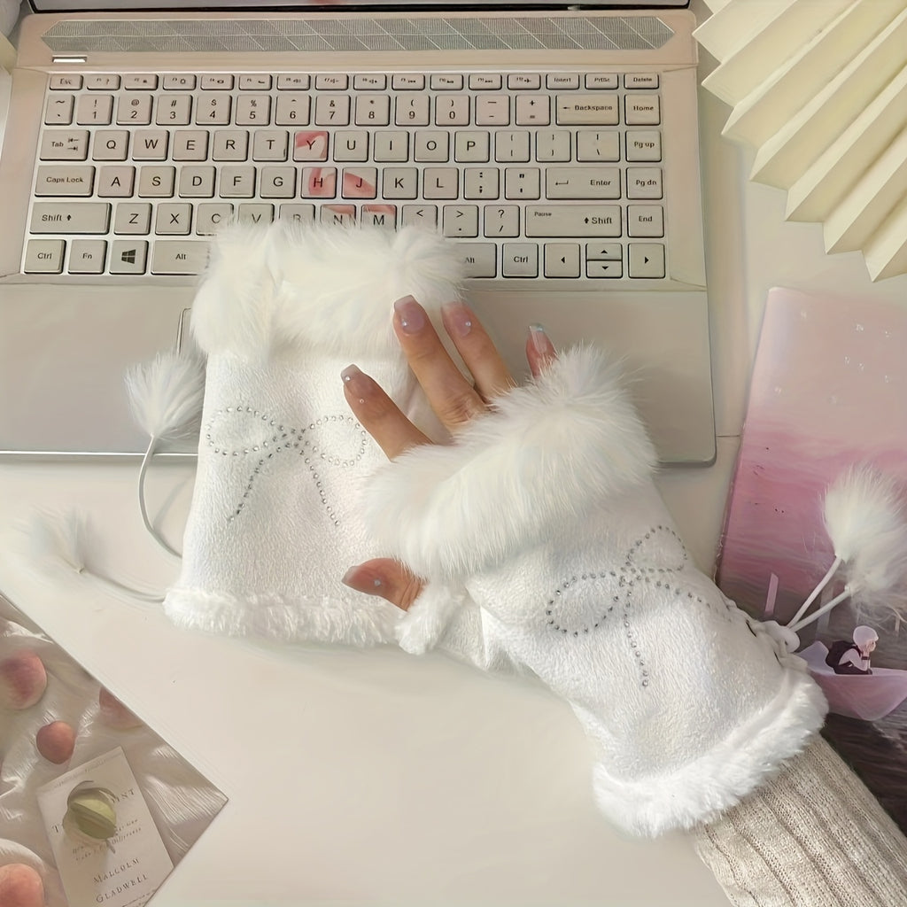 Mitaines femme blanches portées devant un clavier, doigts libres