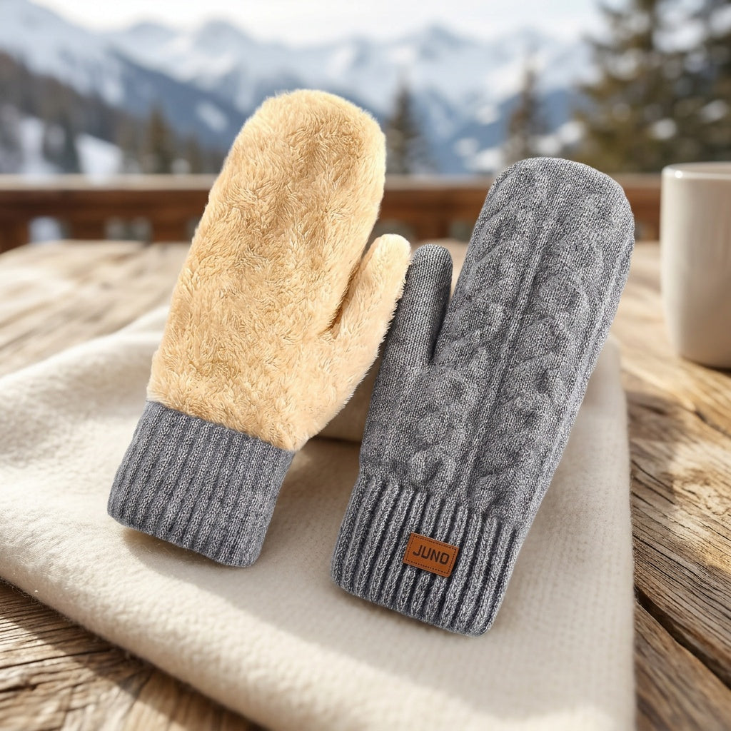 Gants moufle femme, détail de la maille torsadée