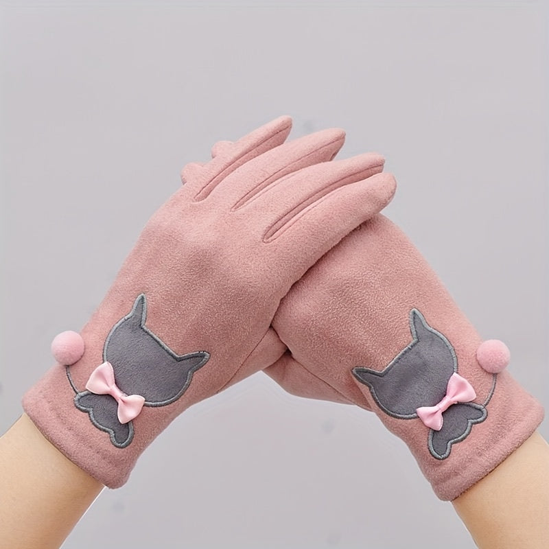 Gants femme roses en suédine, motif chat gris, nœud et pompon