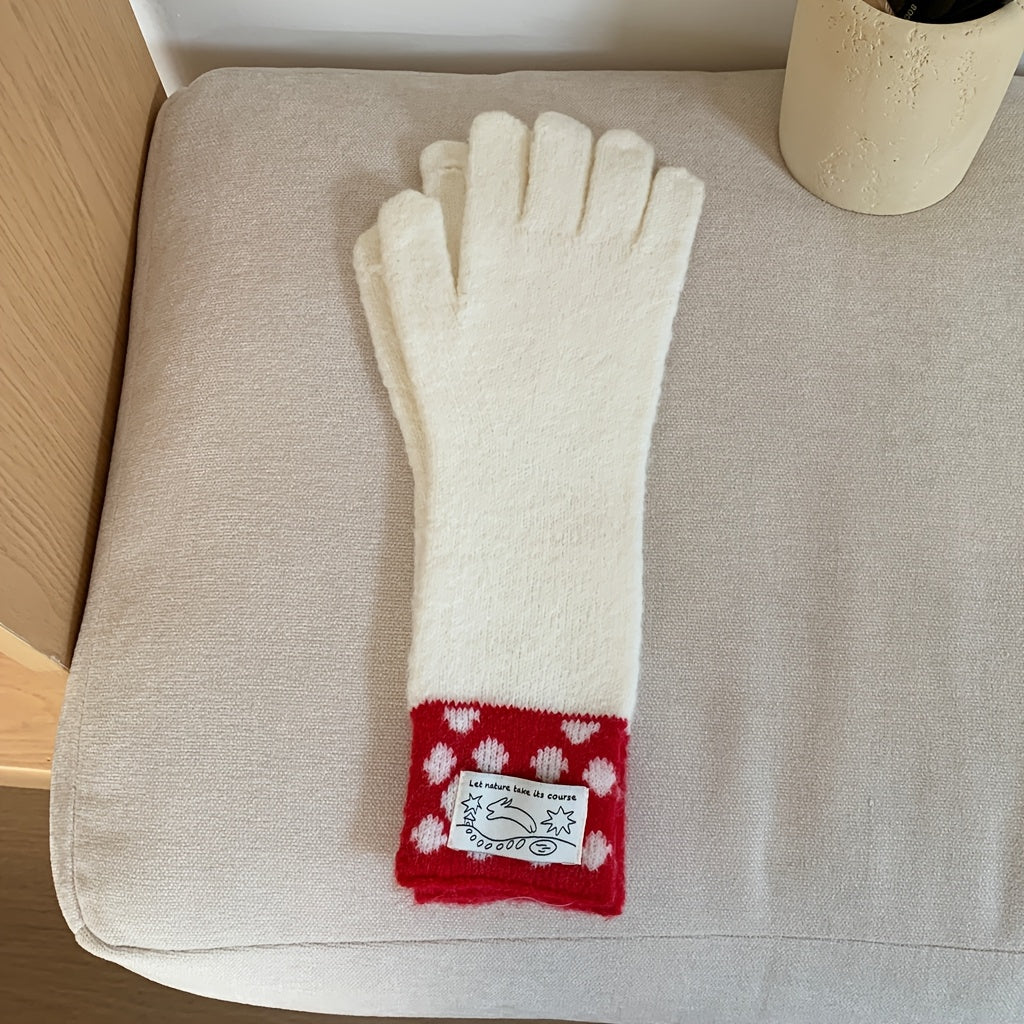 Gant long femme blanc, manchette rouge à pois blancs