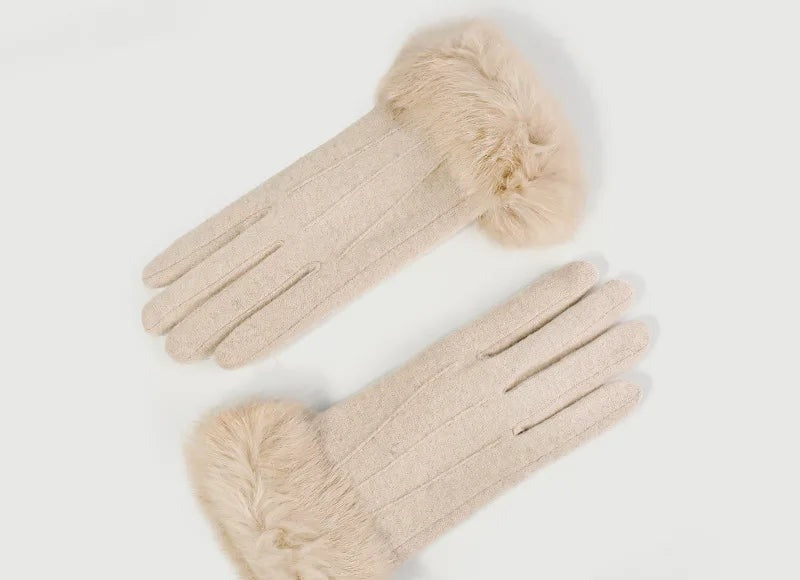 Gants femme laine et cachemire beige, revers fausse fourrure