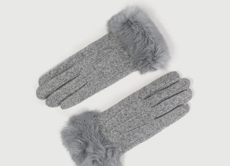 Gants femme laine et cachemire gris, revers fausse fourrure