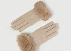 Gants femme laine et cachemire kaki, revers fausse fourrure