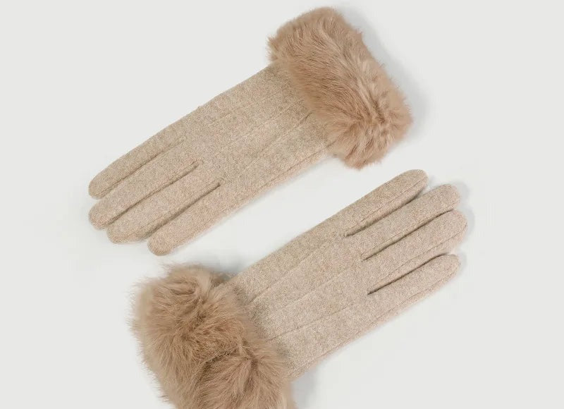Gants femme laine et cachemire kaki, revers fausse fourrure