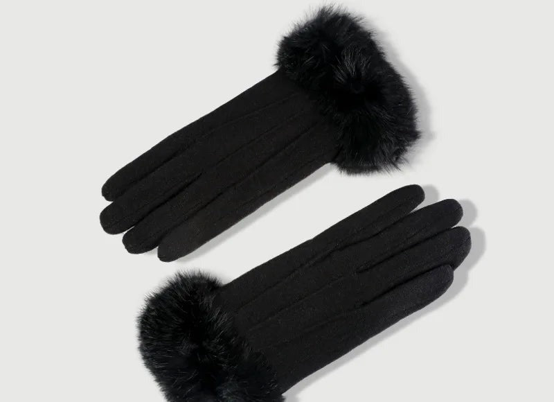 Gants femme laine et cachemire noir, revers fausse fourrure