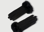 Gants femme laine et cachemire noir, revers fausse fourrure