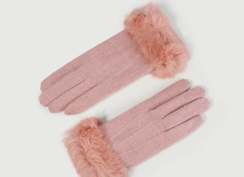 Gants femme laine et cachemire rose, revers fausse fourrure