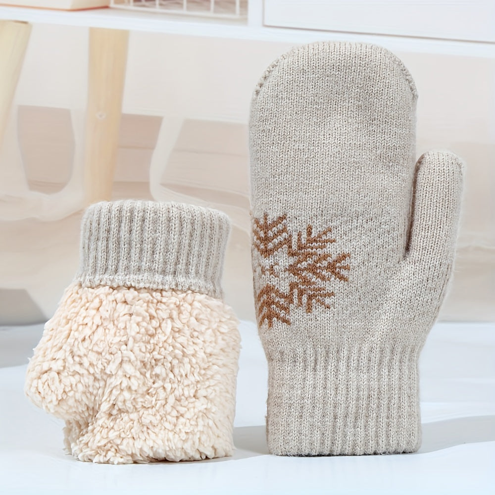 Moufle femme camel en velours, motif flocon de neige